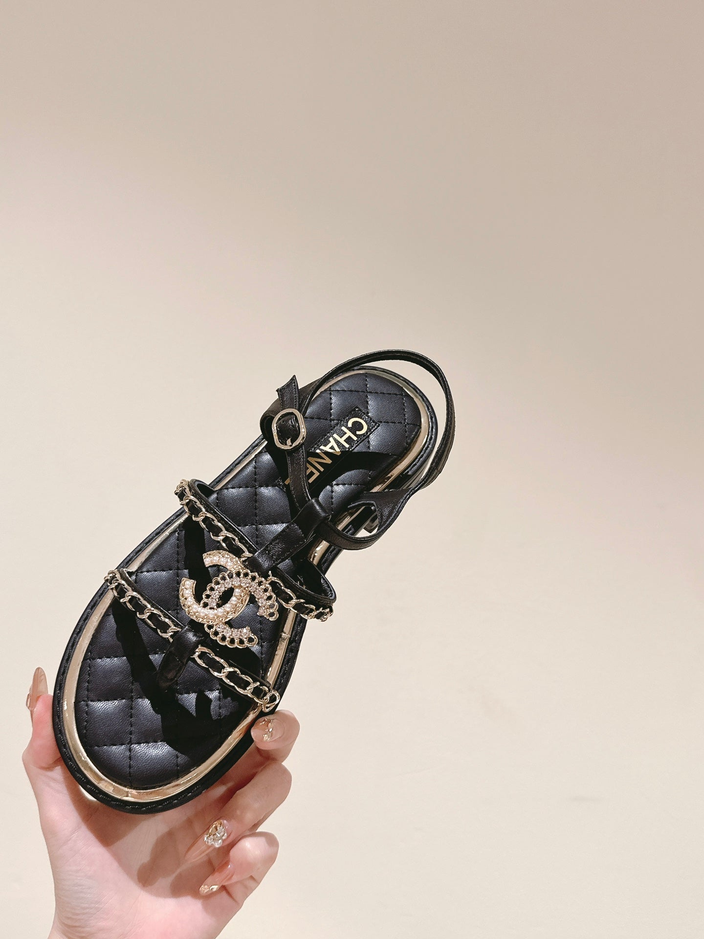 sandal leather strap black quilted calfskin