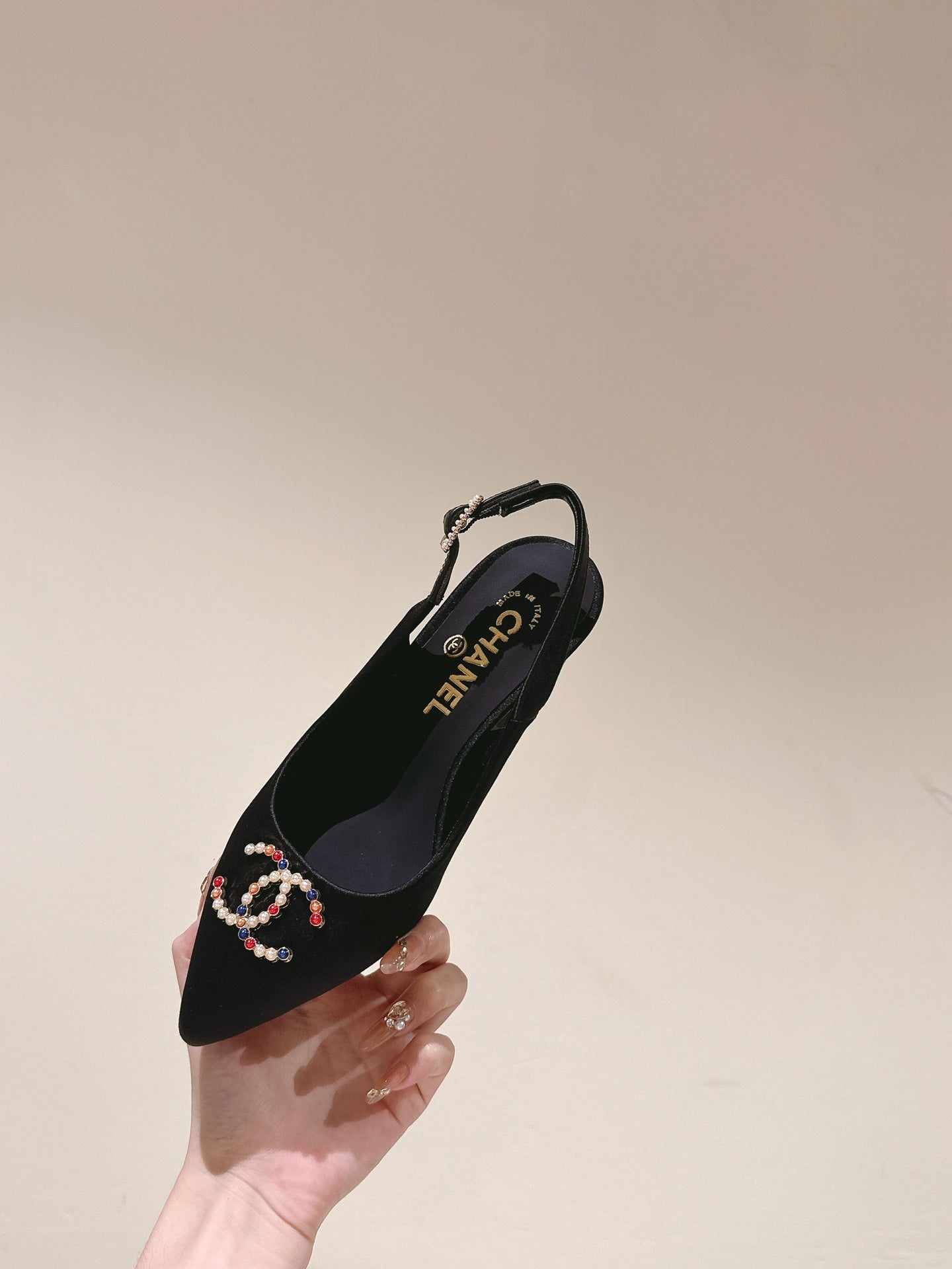 slingbacks 75 black satin multicolor logo