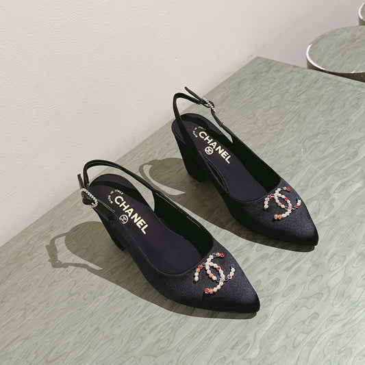 slingbacks 75 black satin multicolor logo