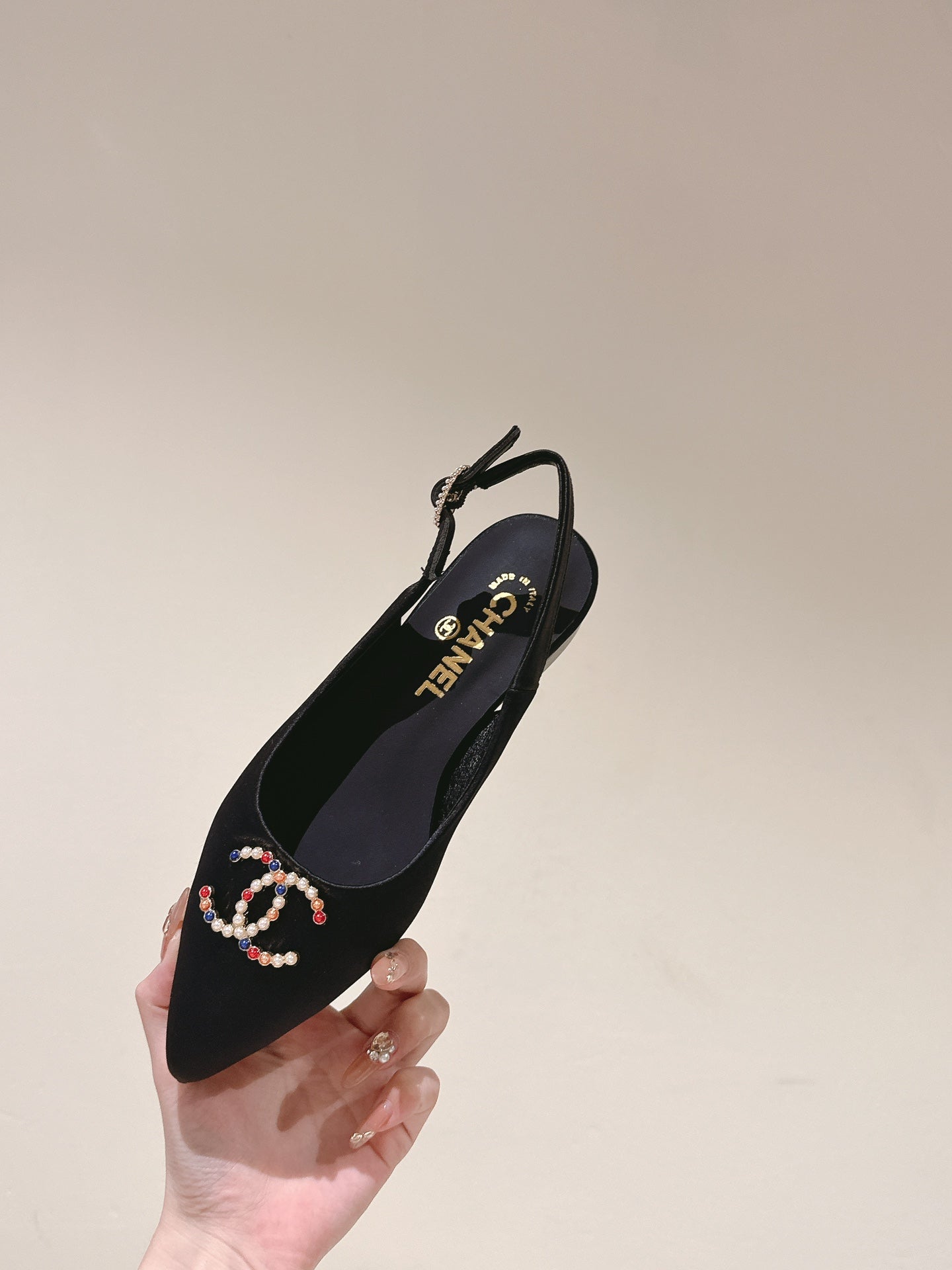 slingbacks flat black satin multicolor logo