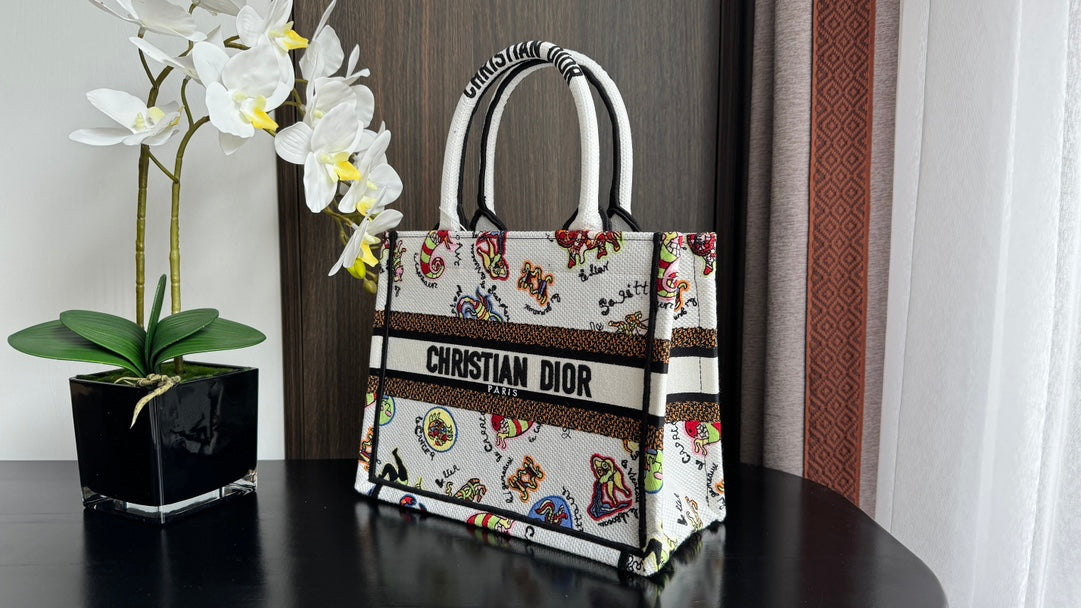 Small CD Book Tote 26.5cm White Multicolor Dragon Zodiac Embroidery