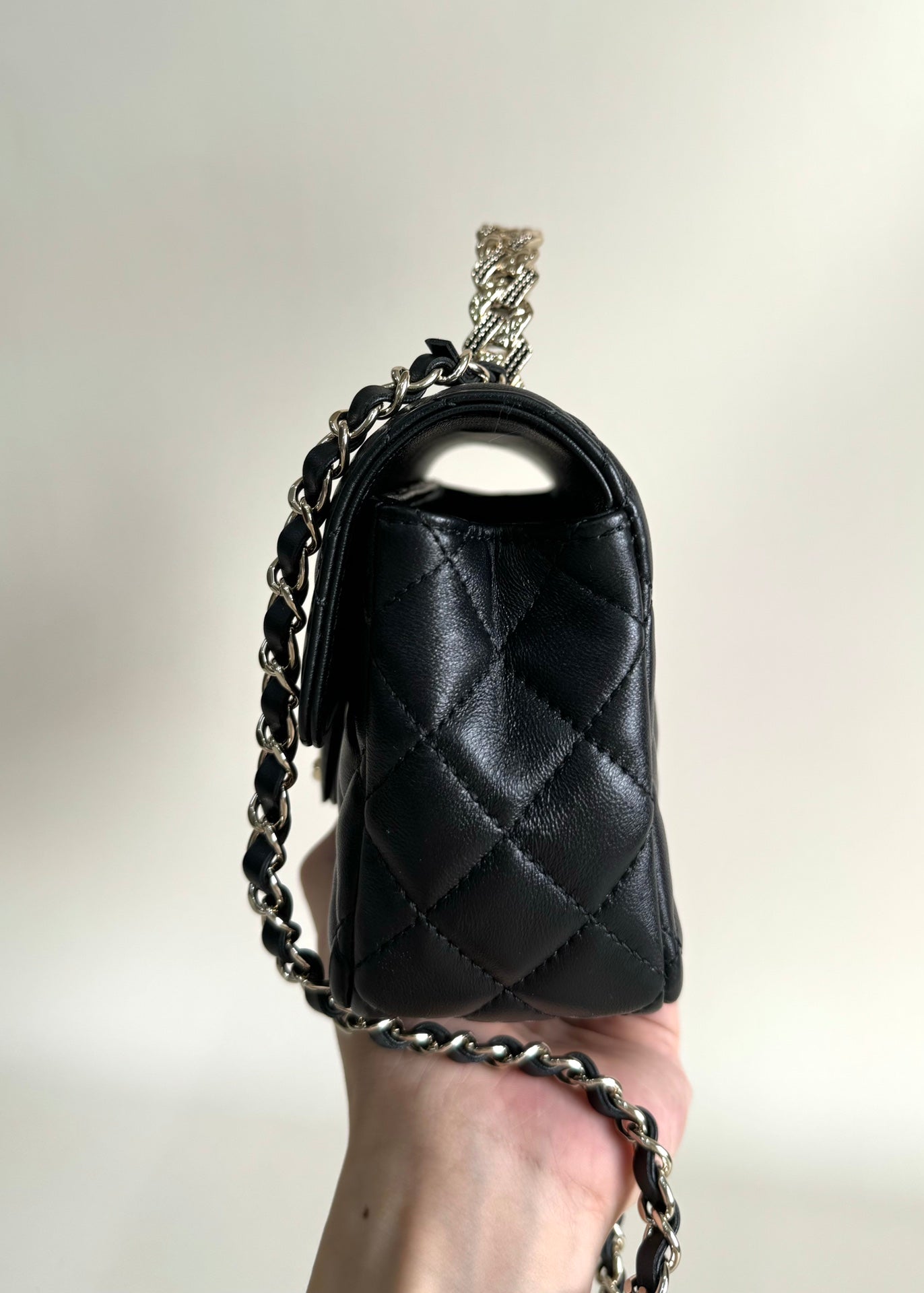 24a mini flap bag top handle 20cm black lambskin silver hardware