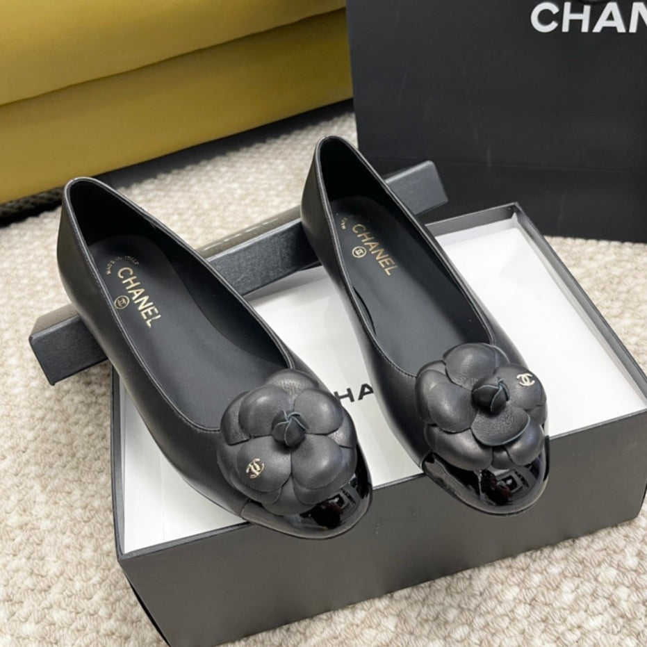 ballet flat flower black calfskin