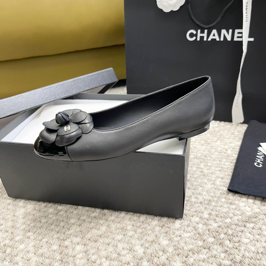 ballet flat flower black calfskin