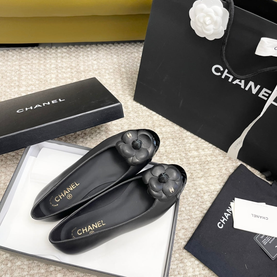 ballet flat flower black calfskin