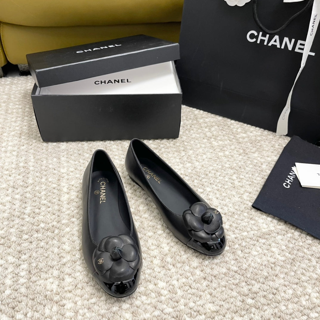 ballet flat flower black calfskin