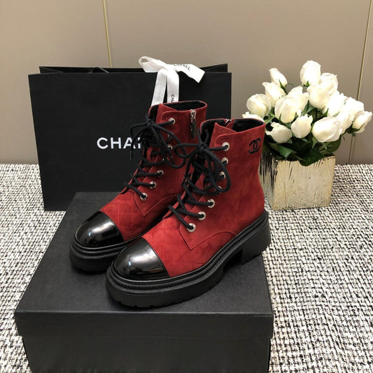 SHORT BOOTS GARNET RED MIX BLACK SUEDE LAMBSKIN