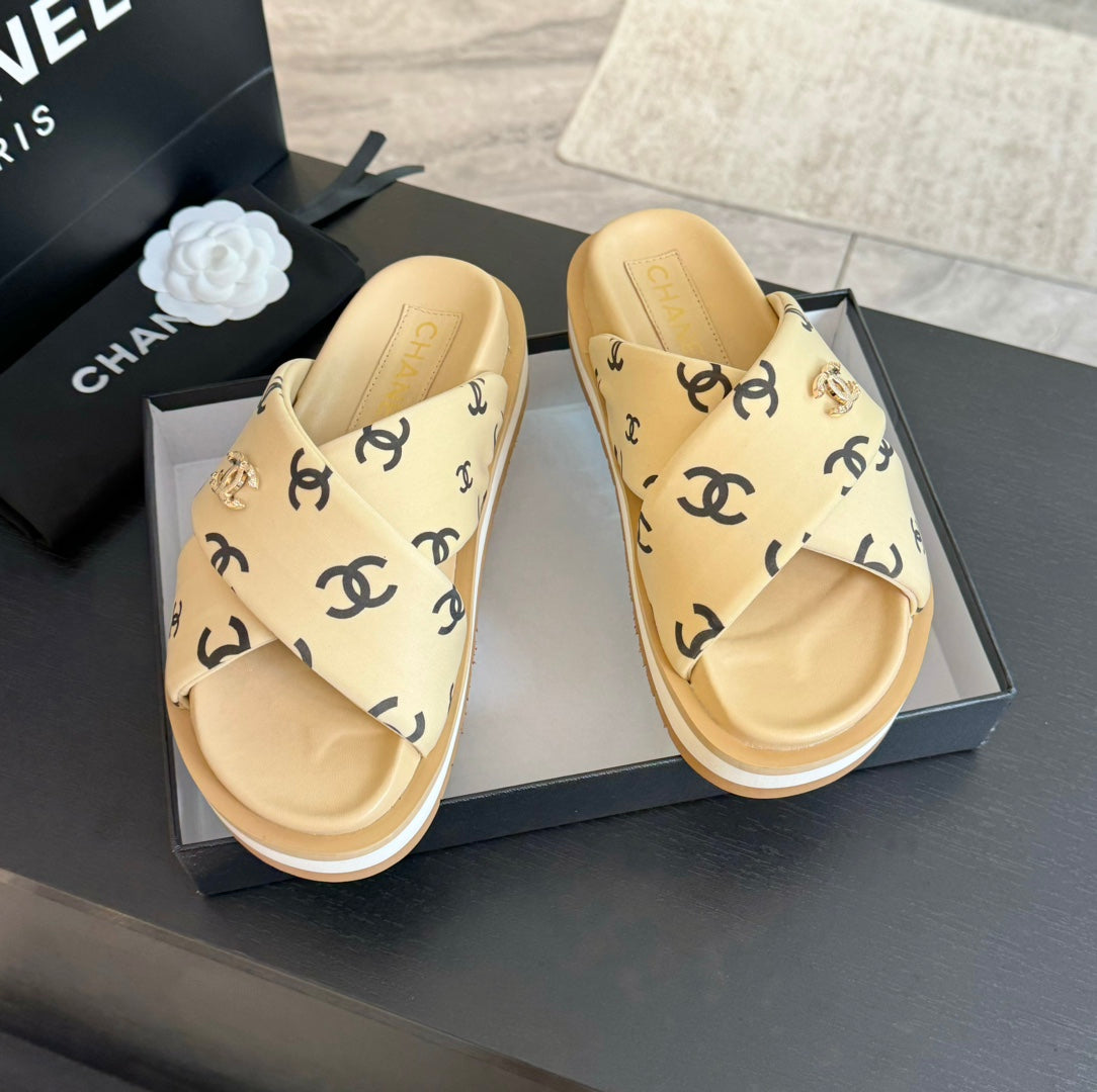 cc cross sandal mule beige lambskin multi logo