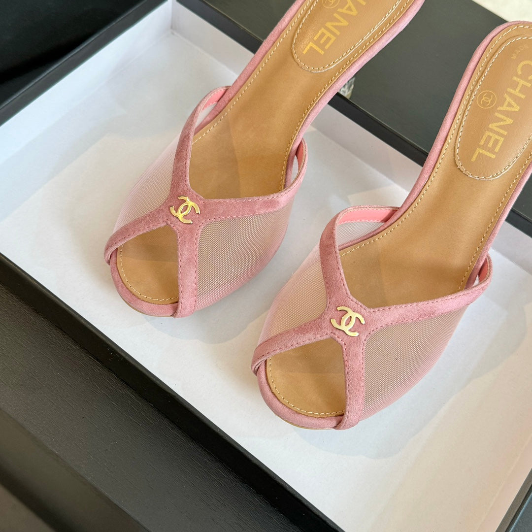 cc mule sandal pink lace beige calfskin