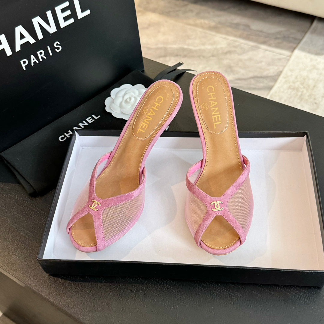 cc mule sandal pink lace beige calfskin