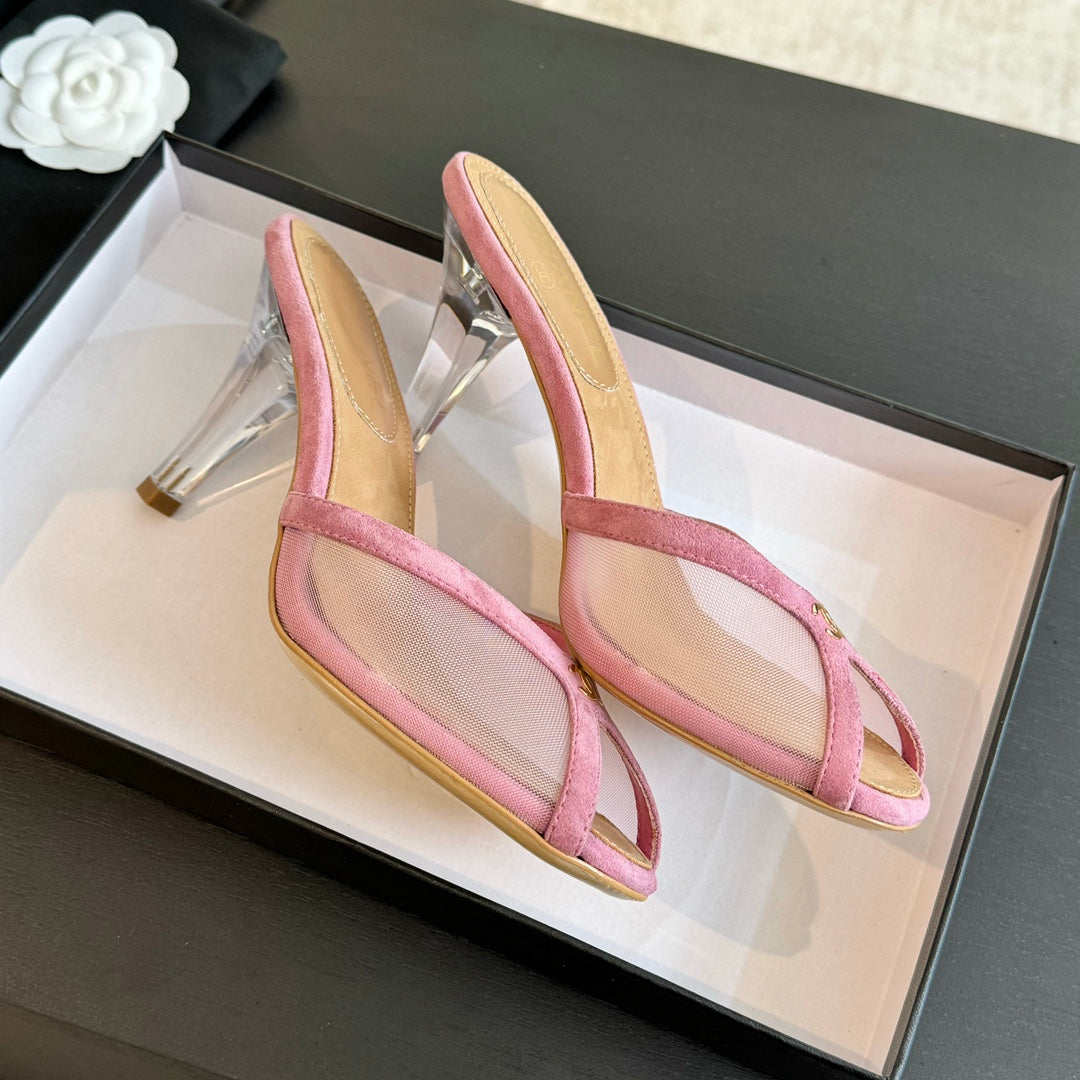 cc mule sandal pink lace beige calfskin