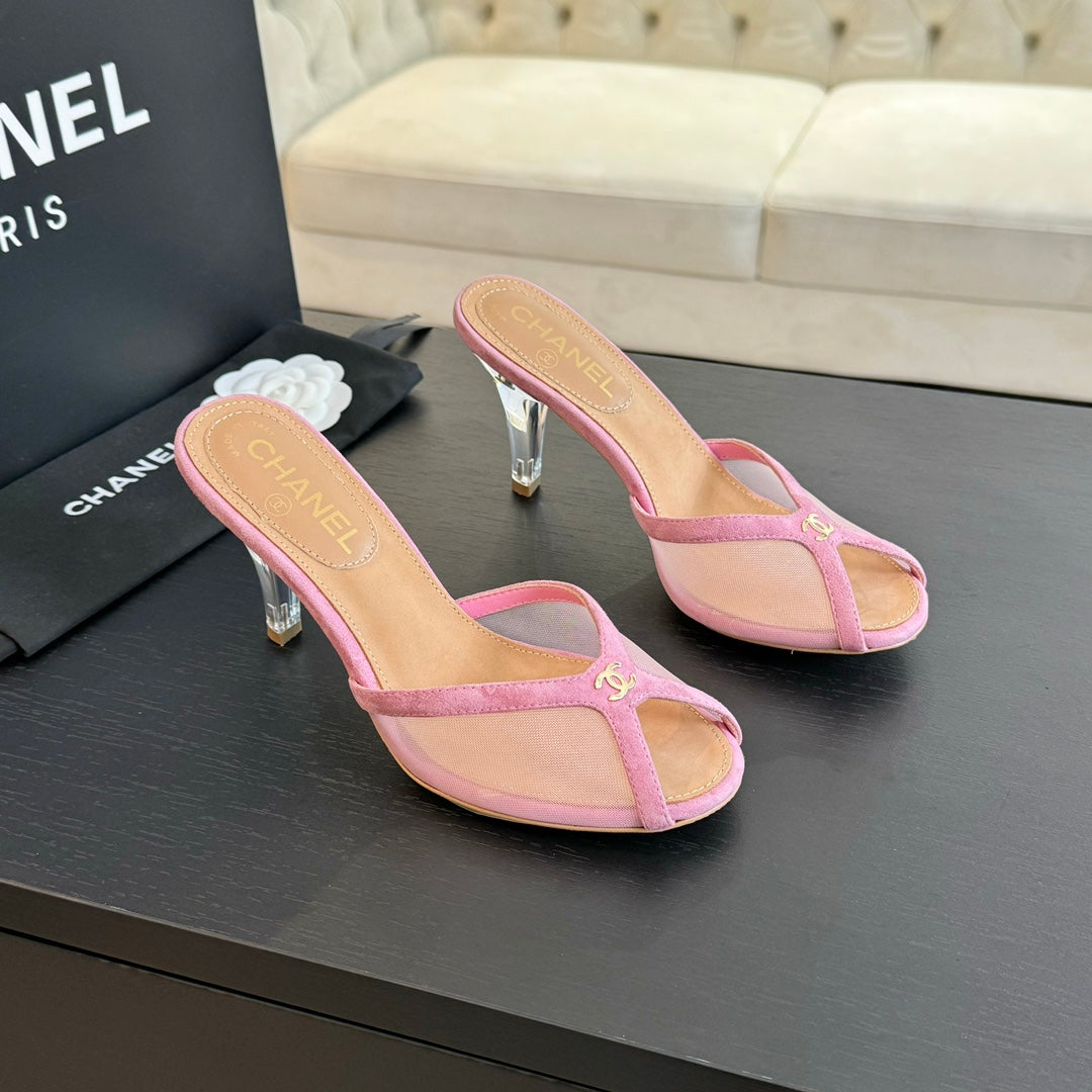 cc mule sandal pink lace beige calfskin