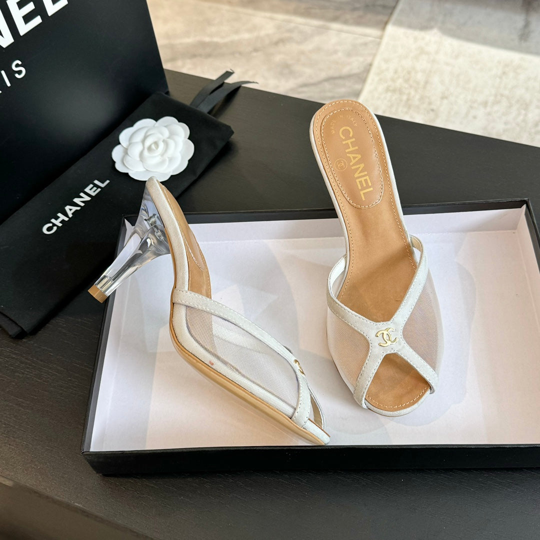 cc mule sandal white lace beige calfskin