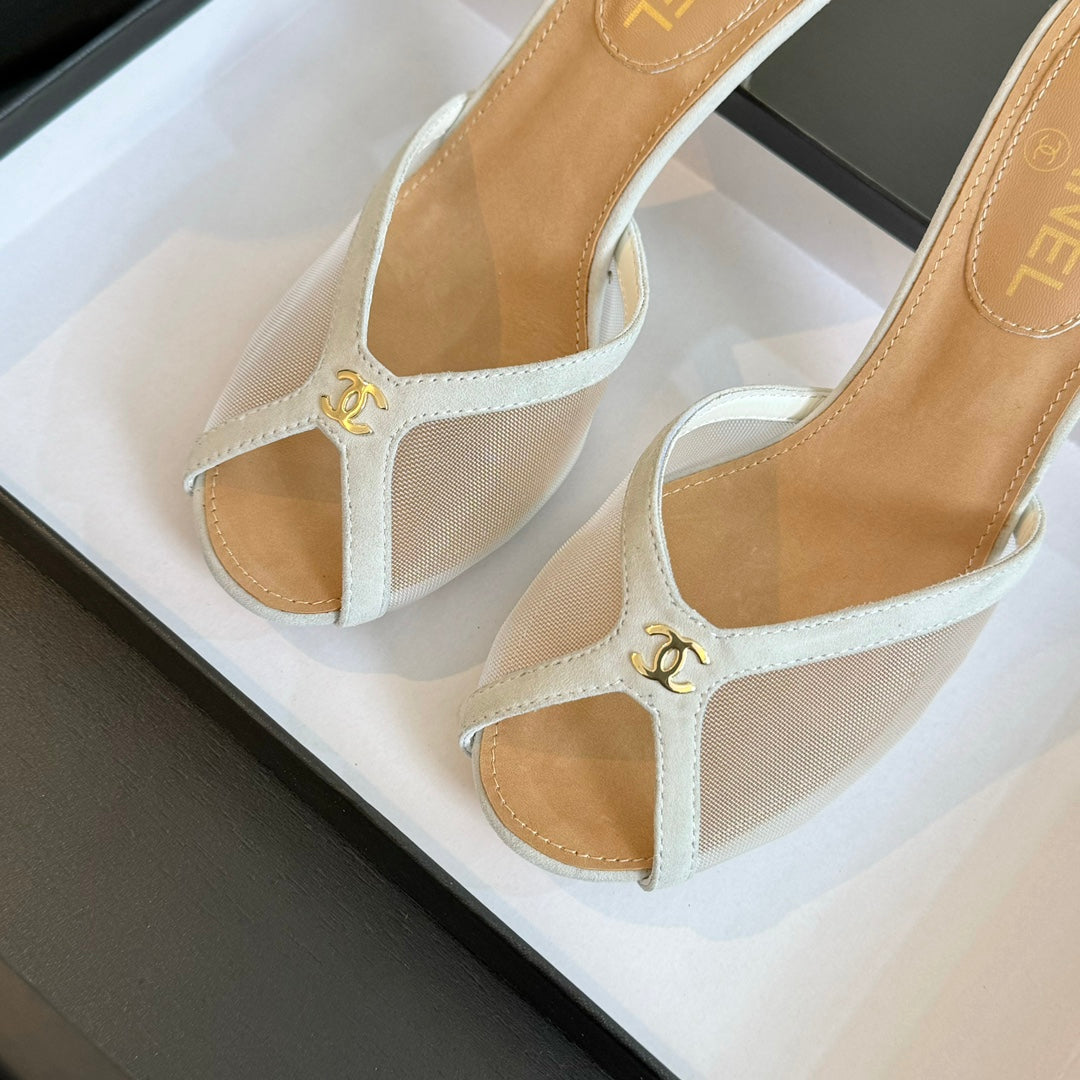 cc mule sandal white lace beige calfskin