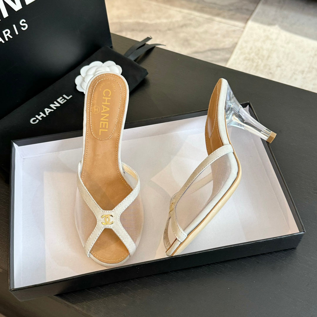 cc mule sandal white lace beige calfskin