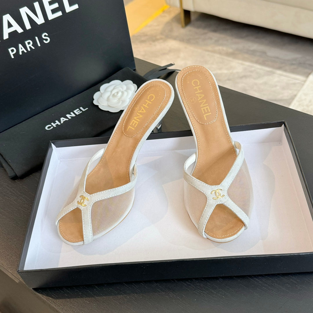 cc mule sandal white lace beige calfskin