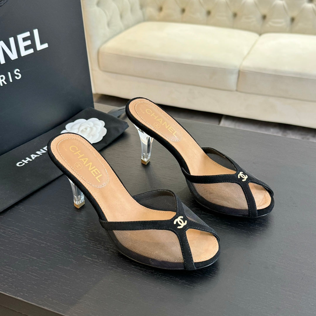 cc mule sandal black lace beige calfskin