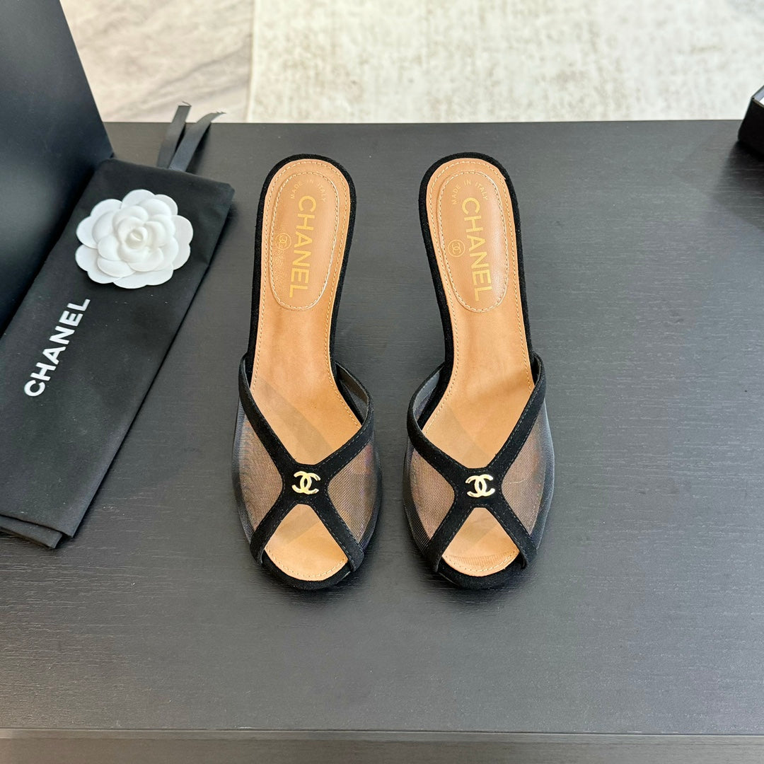 cc mule sandal black lace beige calfskin