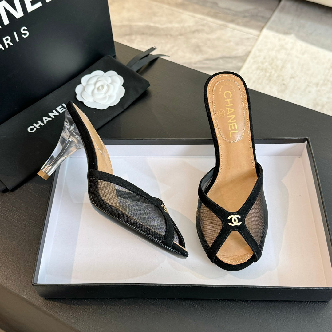 cc mule sandal black lace beige calfskin