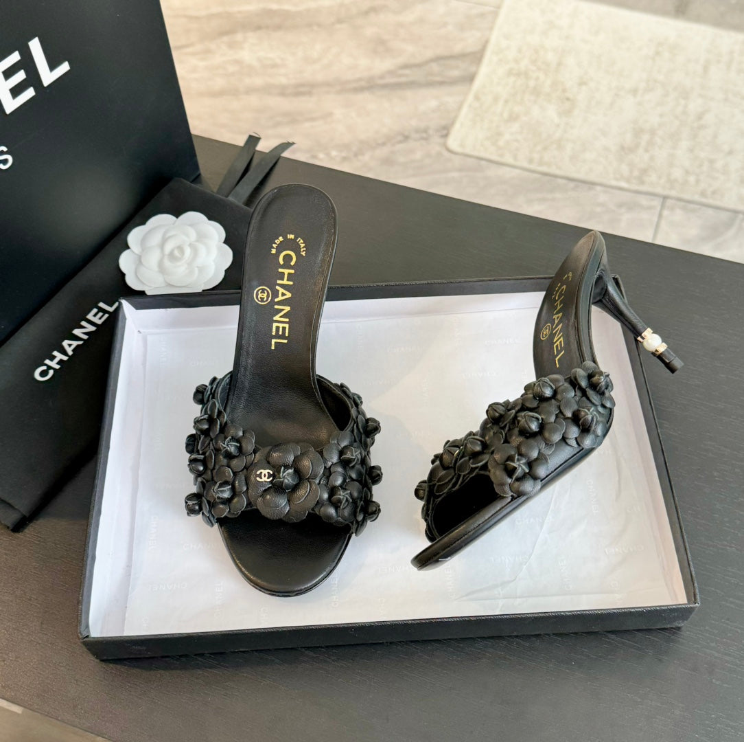 CC Little Camellia World Thin High Heels Black Lambskin