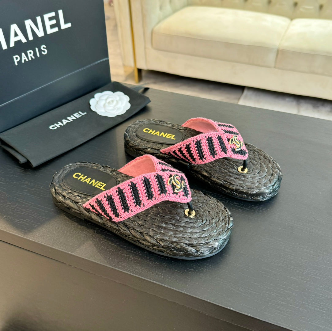 cc thong sandal striped pink black satin fabric