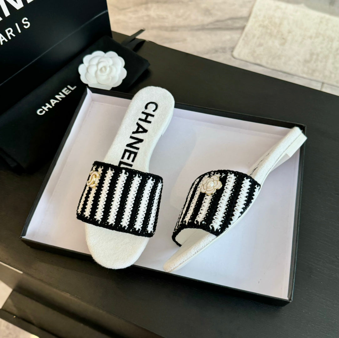 cc mule sandal striped black white satin fabric