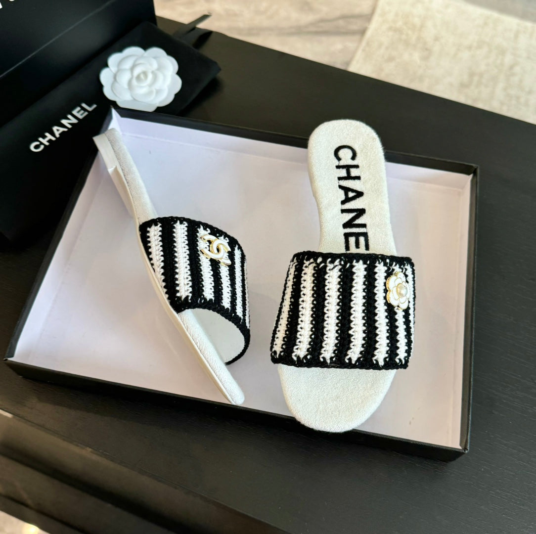 cc mule sandal striped black white satin fabric