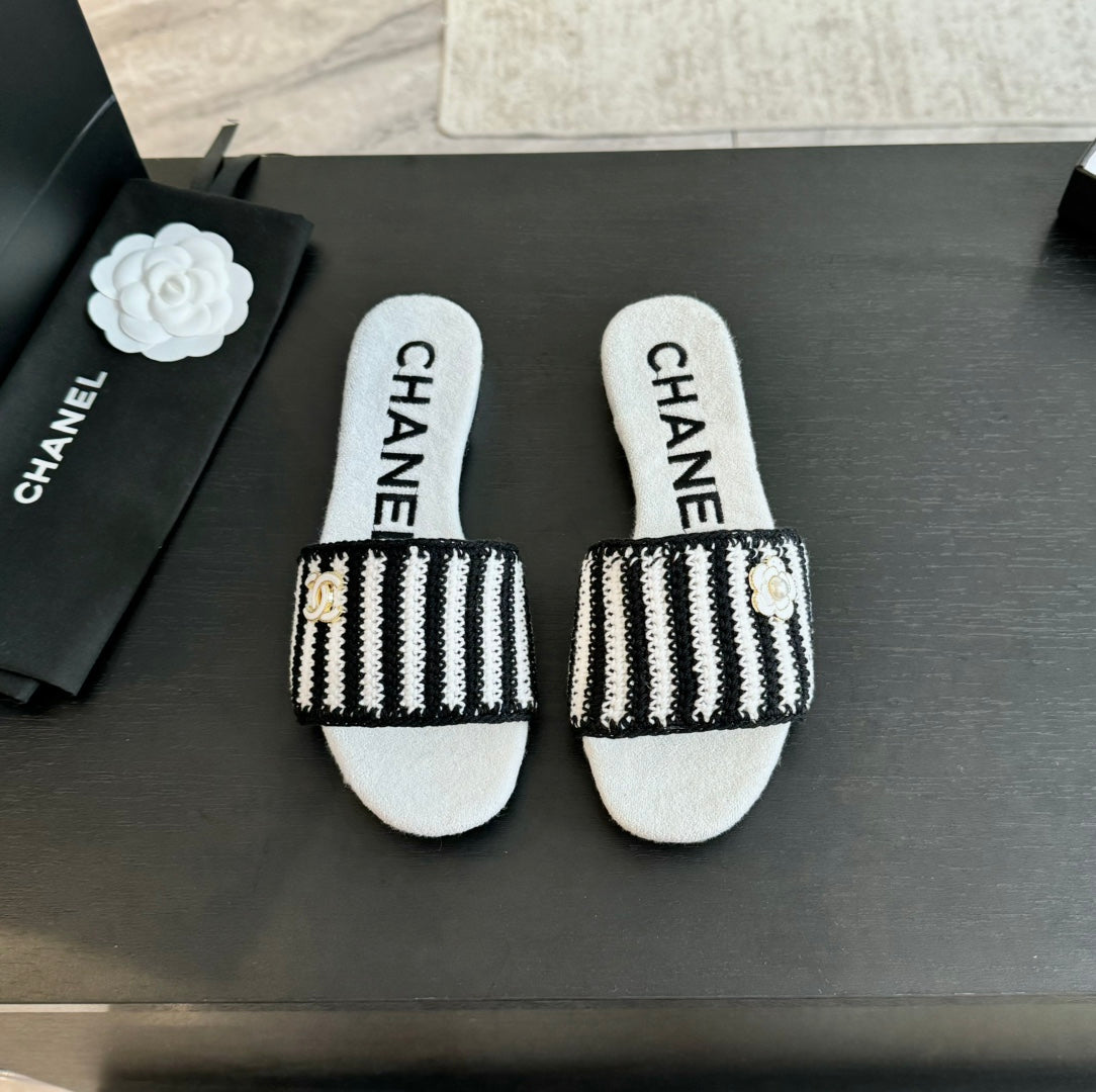 cc mule sandal striped black white satin fabric