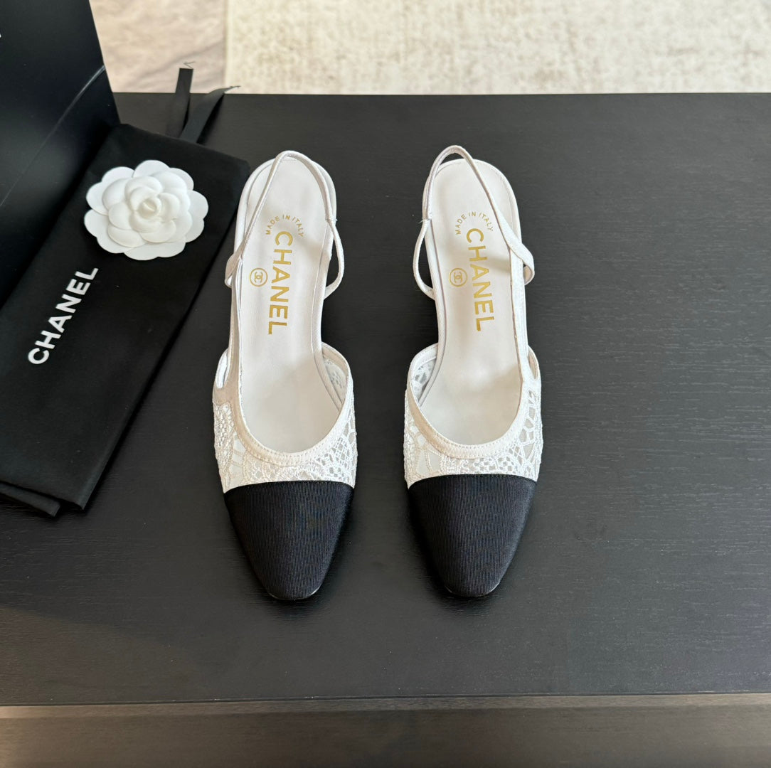 slingbacks 65 white lace black grosgrain