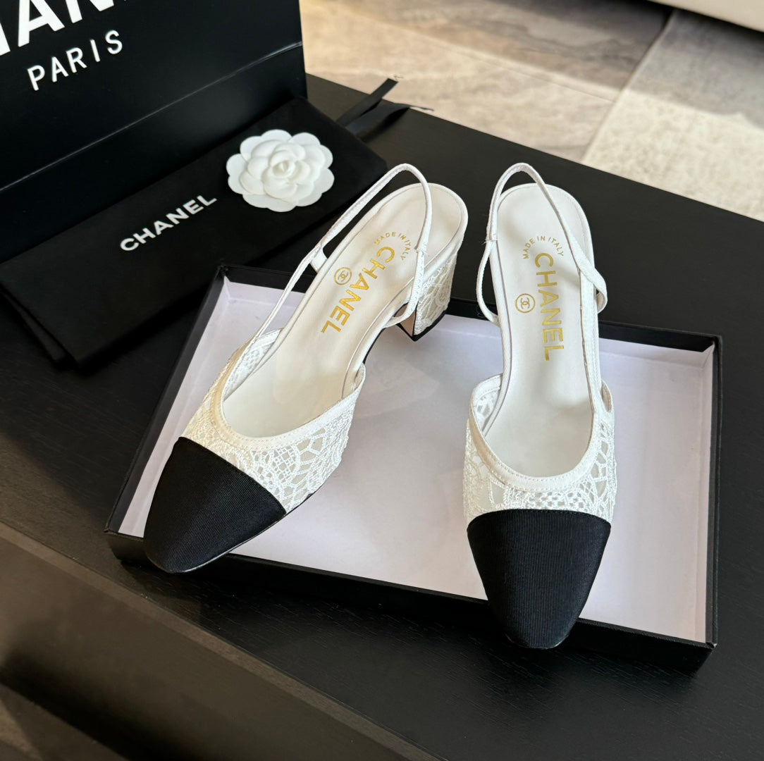 slingbacks 65 white lace black grosgrain