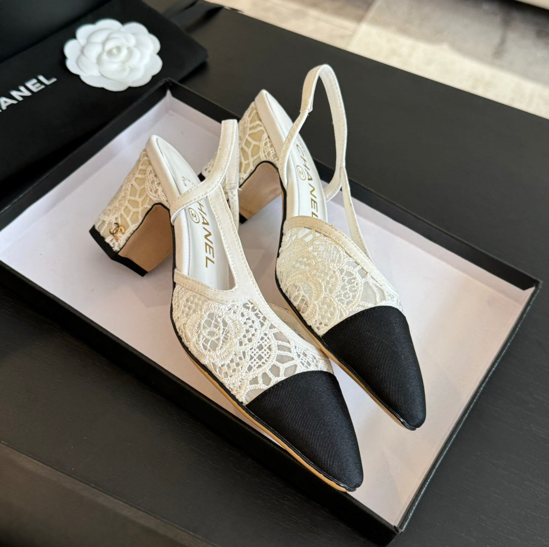 slingbacks 65 white lace black grosgrain