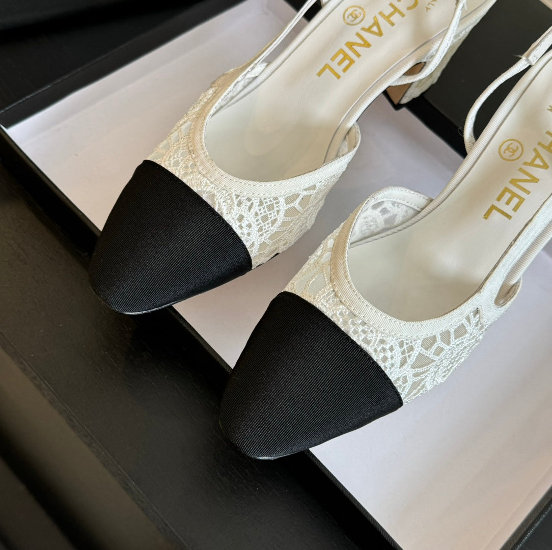 slingbacks 65 white lace black grosgrain