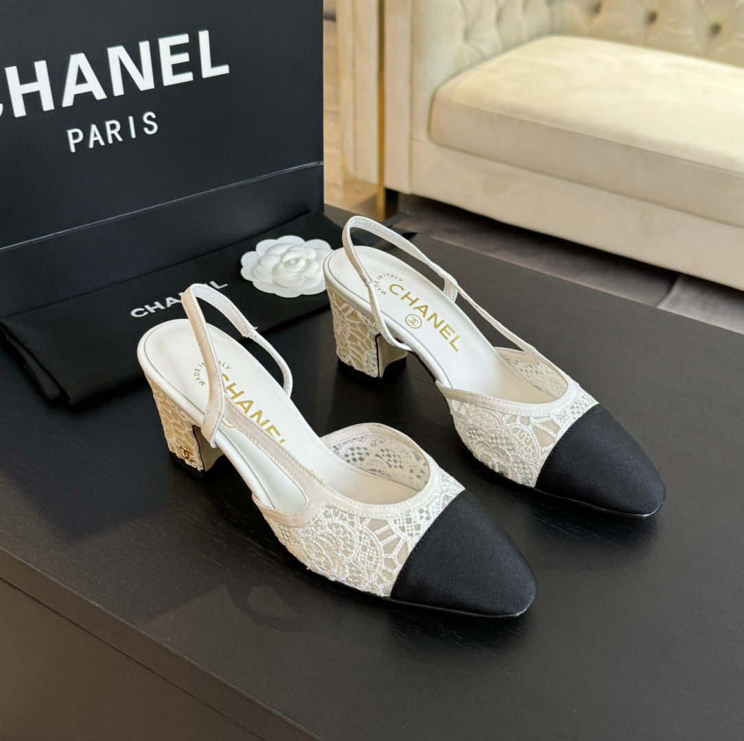 slingbacks 65 white lace black grosgrain