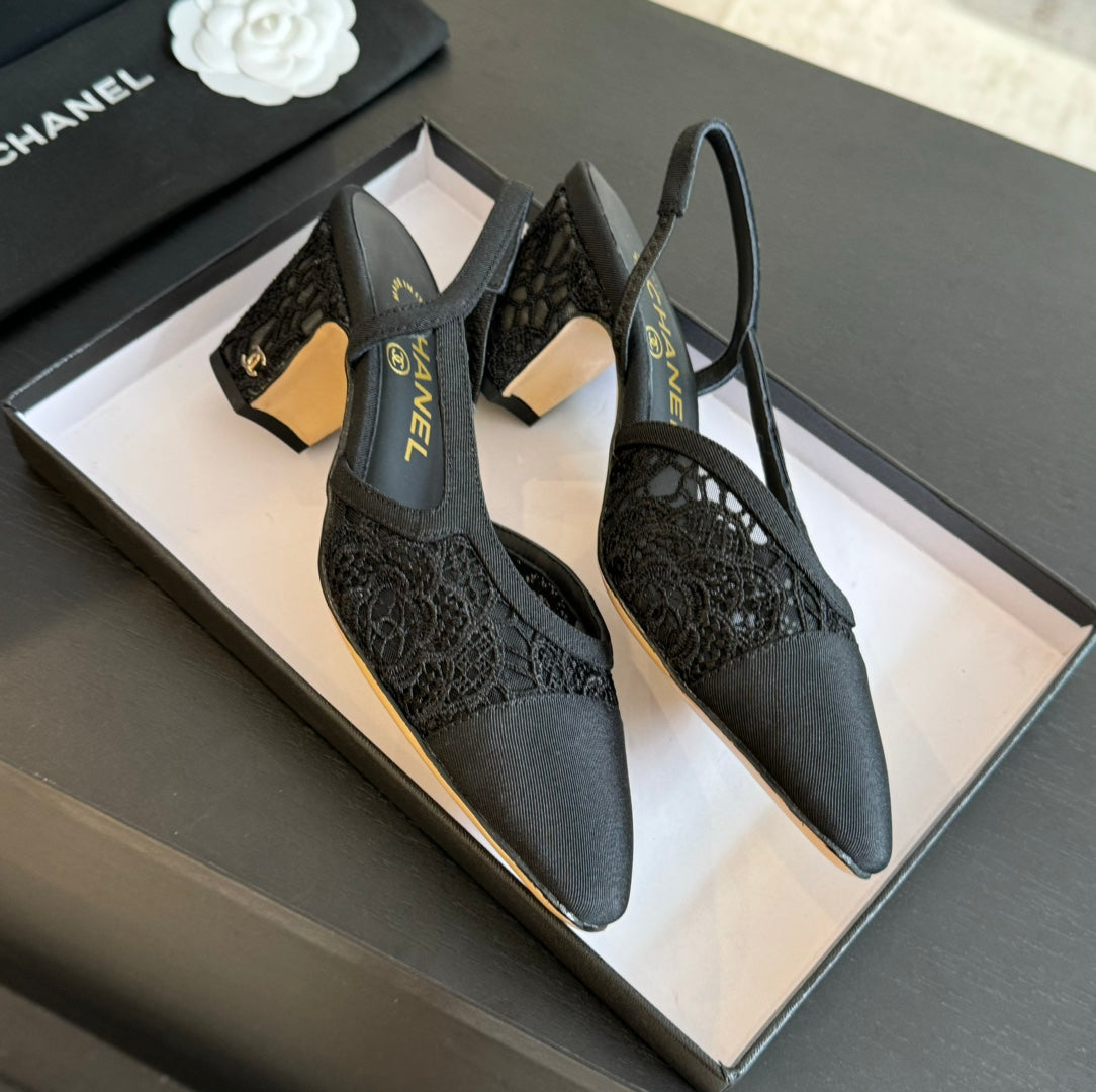 slingbacks 65 black lace grosgrain