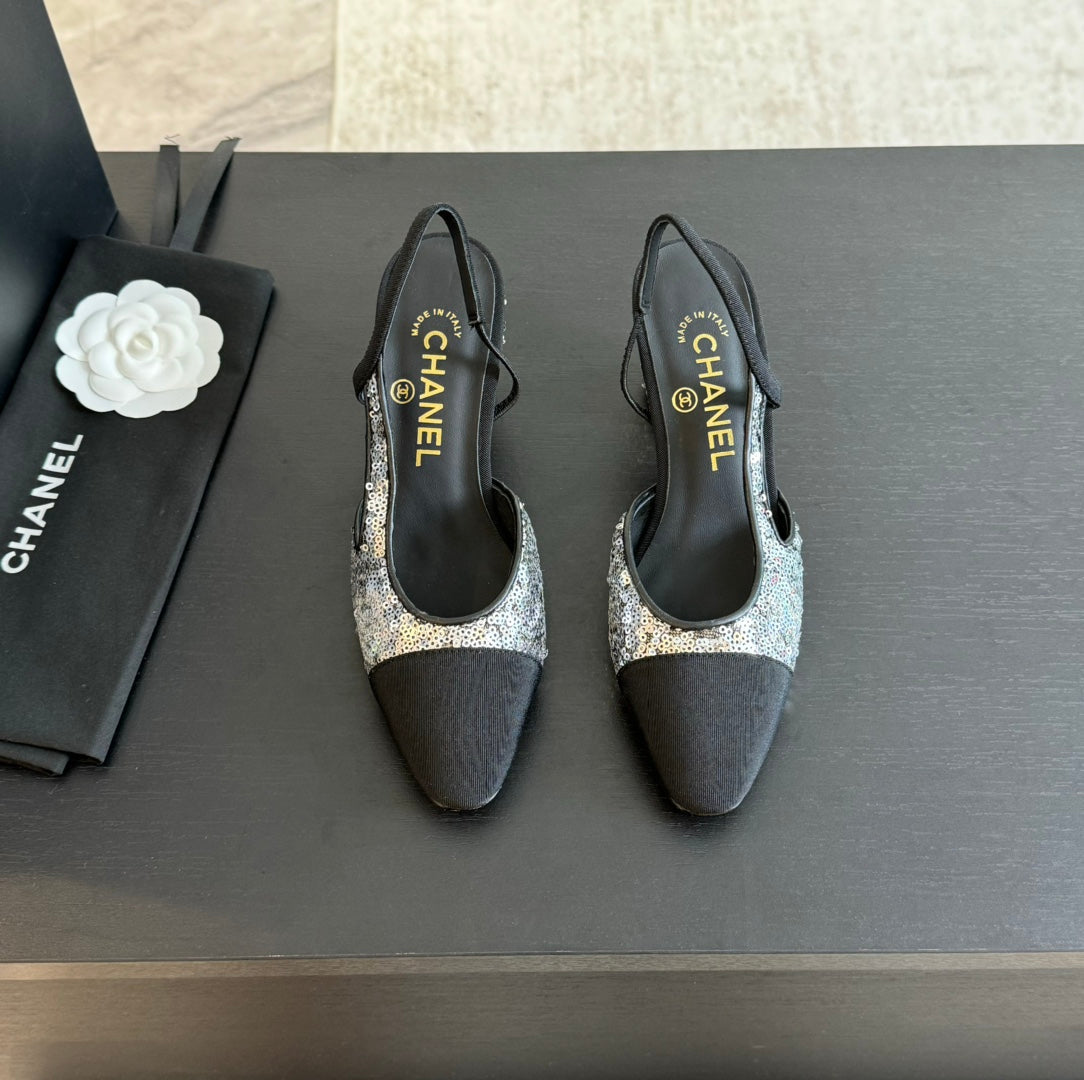 slingbacks 65 black calfskin grosgrain silver sequin