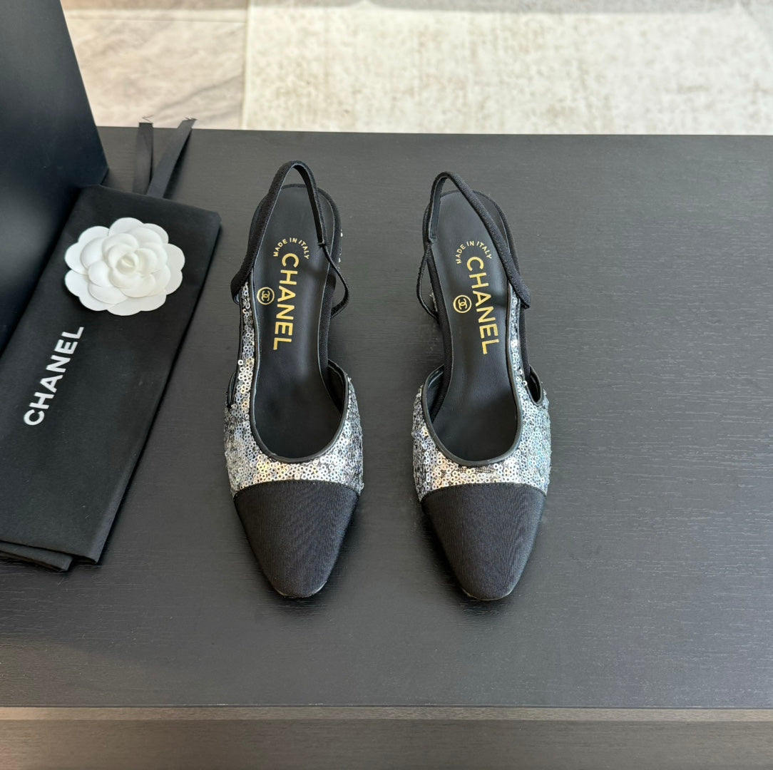 slingbacks 65 black calfskin grosgrain silver sequin