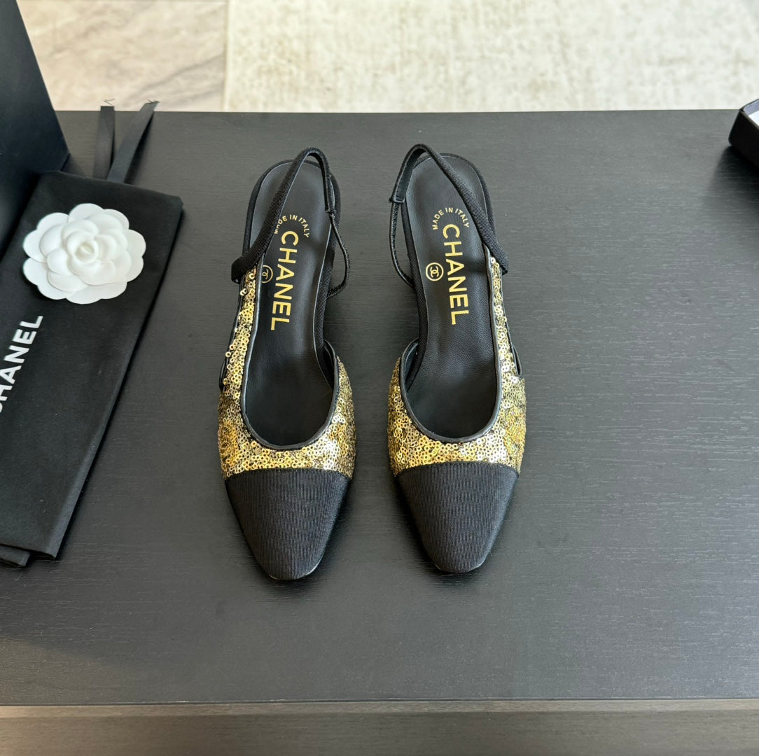 slingbacks 65 black calfskin grosgrain gold sequin