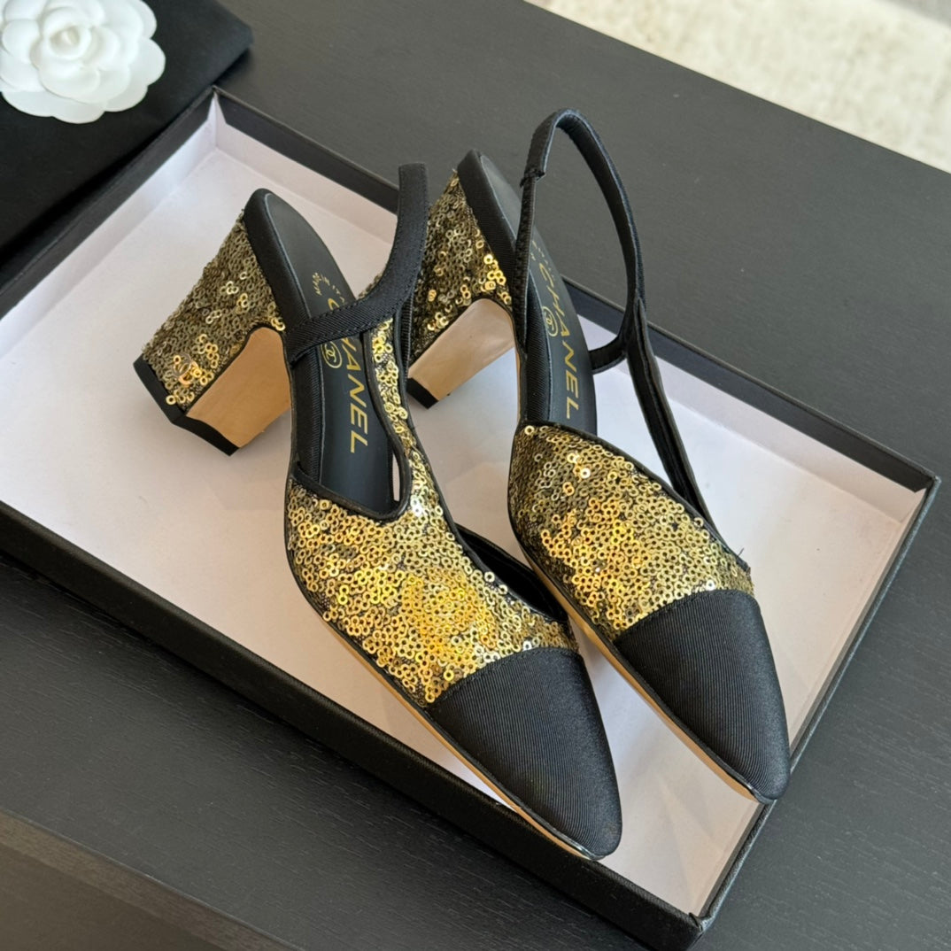 slingbacks 65 black calfskin grosgrain gold sequin