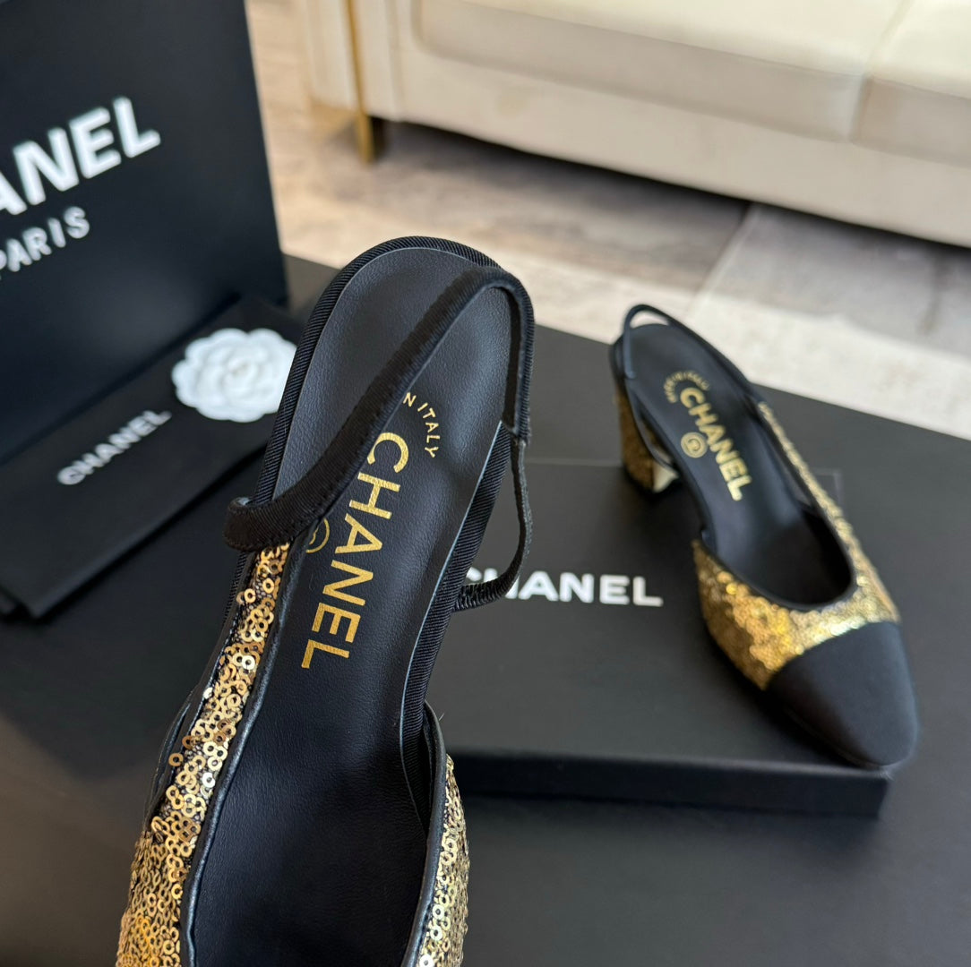 slingbacks 65 black calfskin grosgrain gold sequin