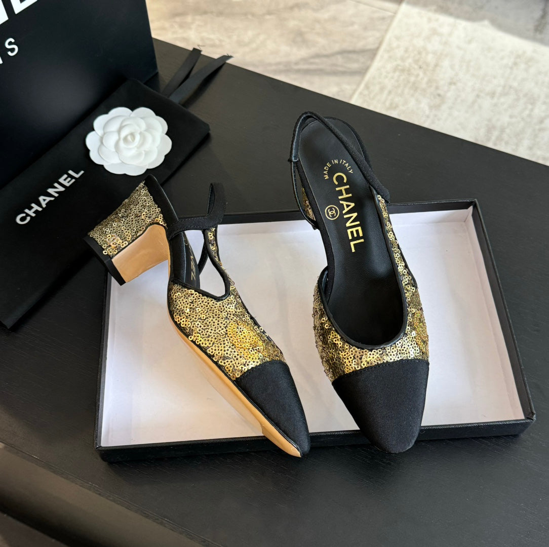 slingbacks 65 black calfskin grosgrain gold sequin