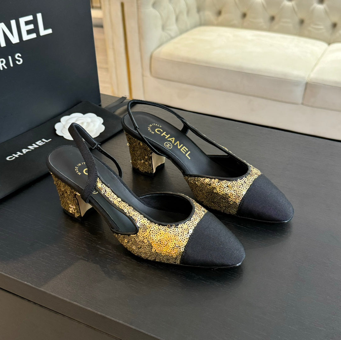 slingbacks 65 black calfskin grosgrain gold sequin