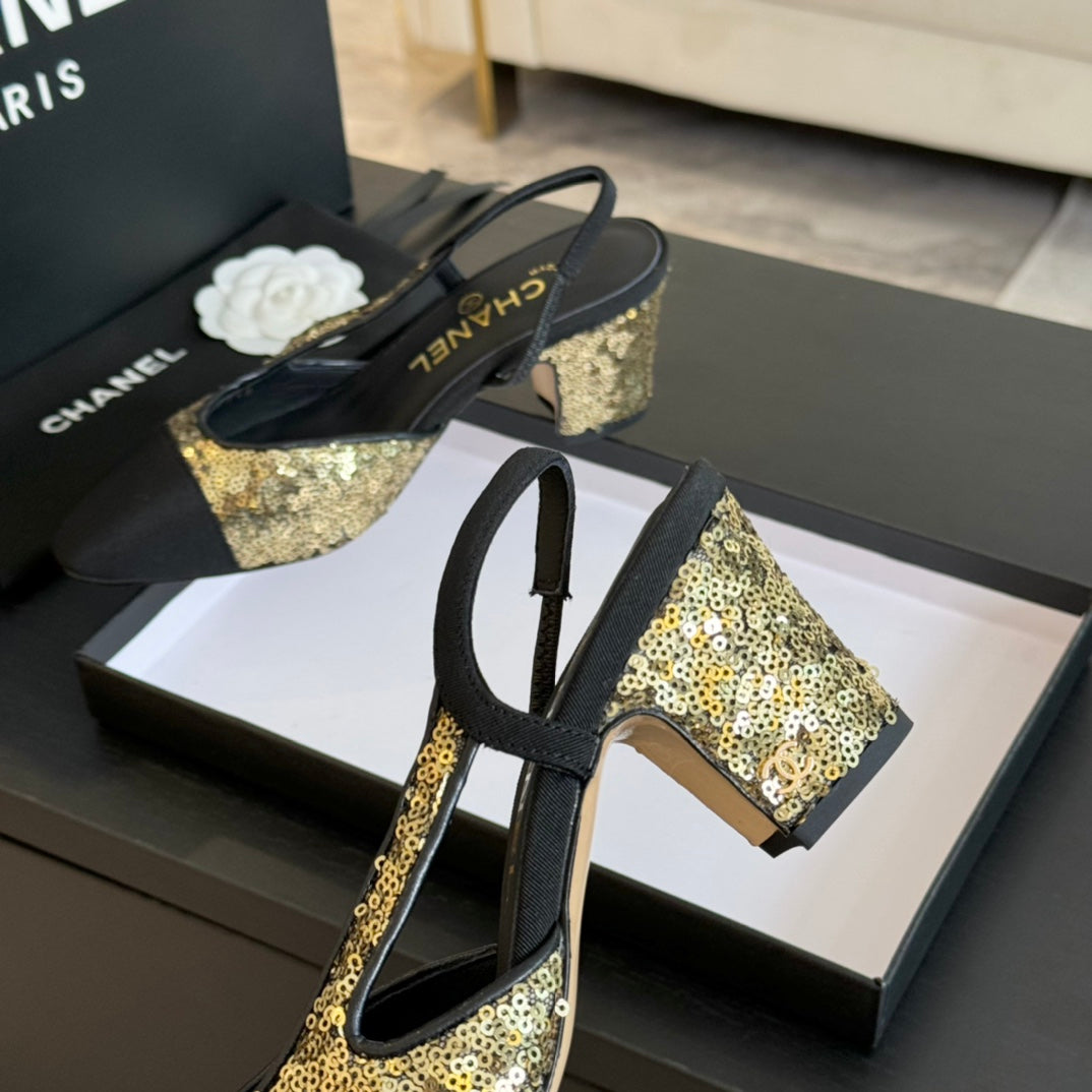 slingbacks 65 black calfskin grosgrain gold sequin