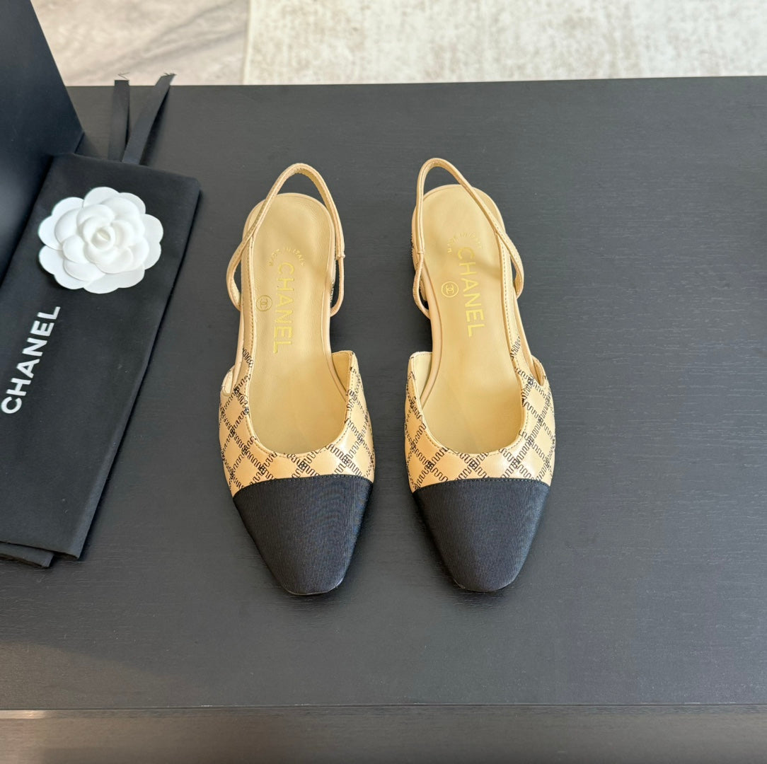 slingbacks flat beige calfskin black grosgrain embroidery