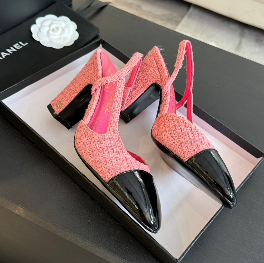 slingbacks 95 pink tweed black patent calfskin