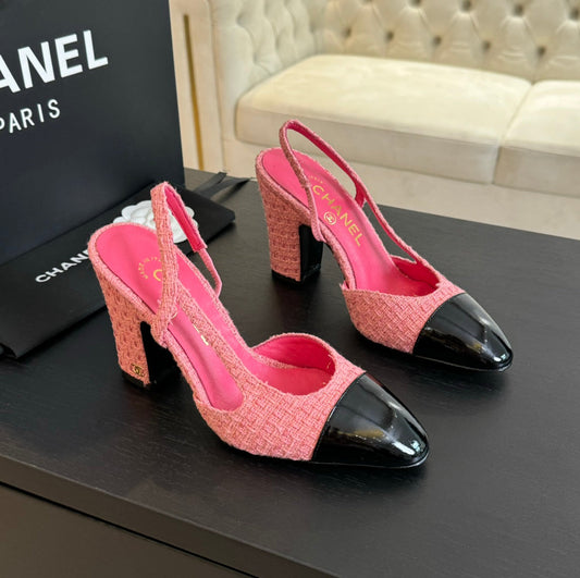 slingbacks 95 pink tweed black patent calfskin