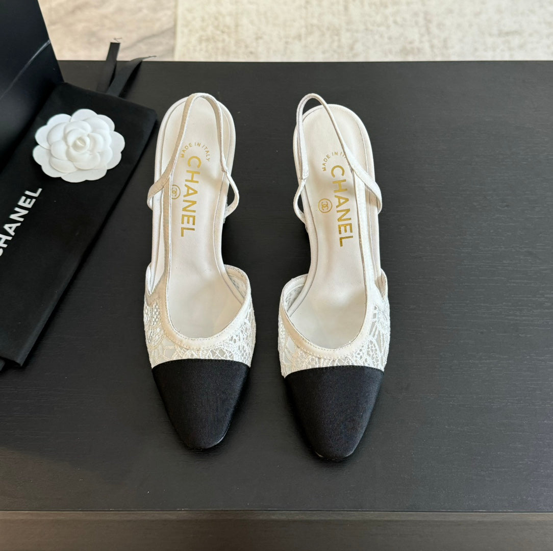 slingbacks 95 white lace black grosgrain