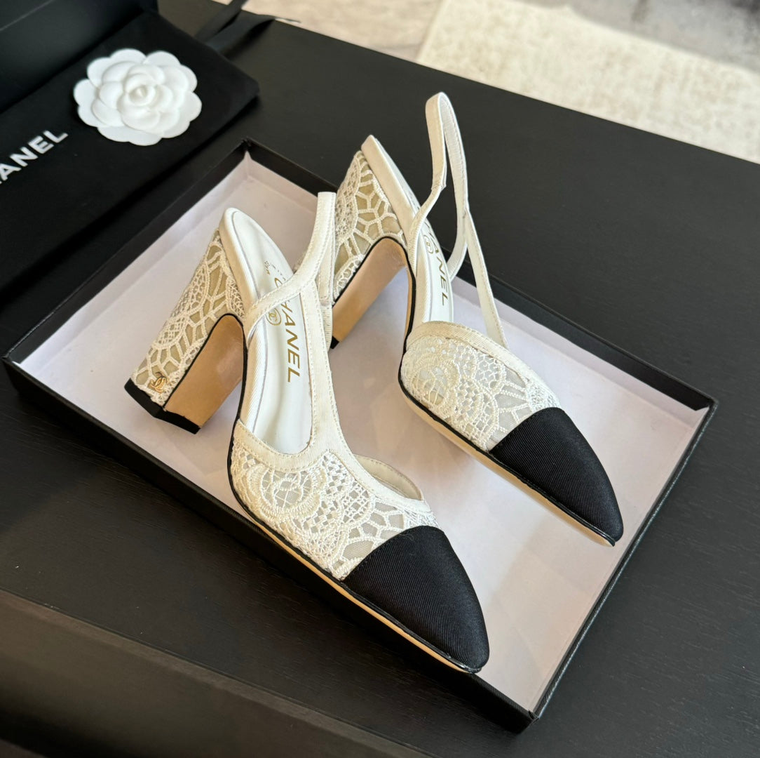 slingbacks 95 white lace black grosgrain