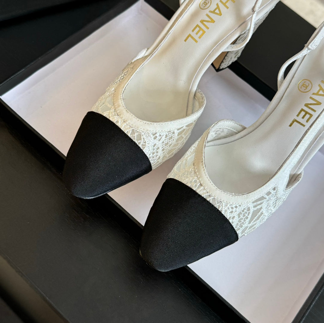 slingbacks 95 white lace black grosgrain