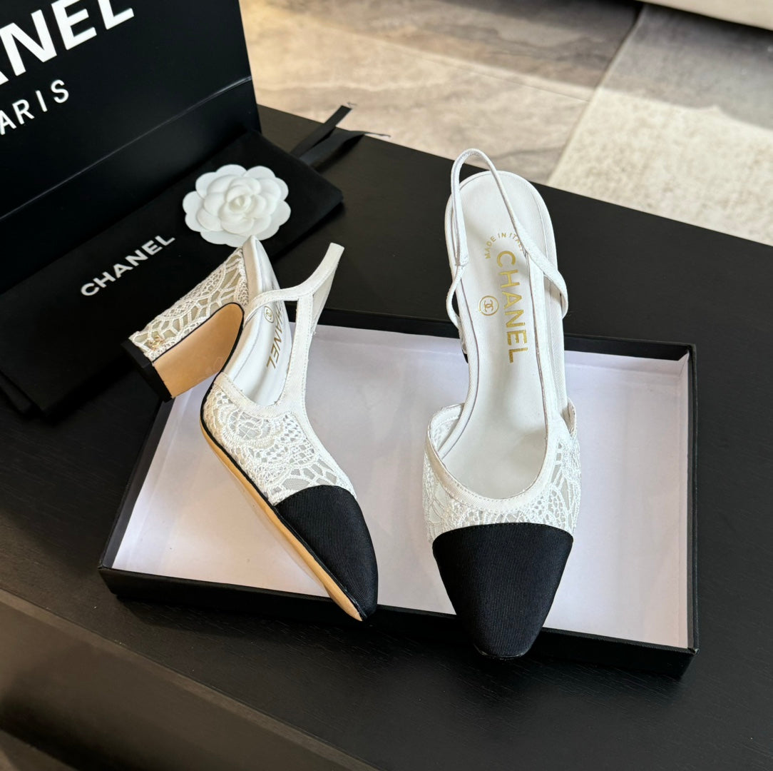 slingbacks 95 white lace black grosgrain