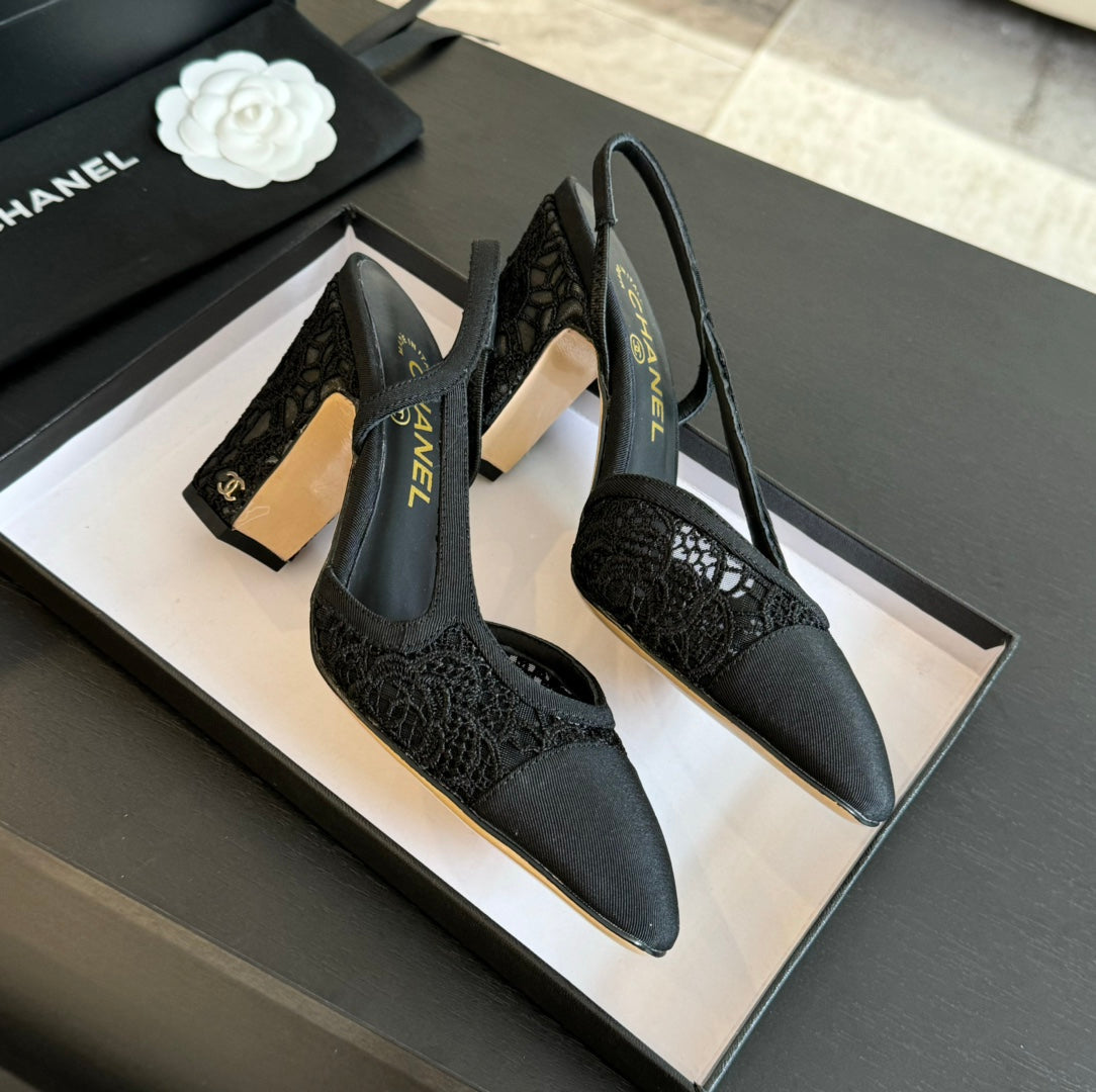 slingbacks 95 black lace grosgrain